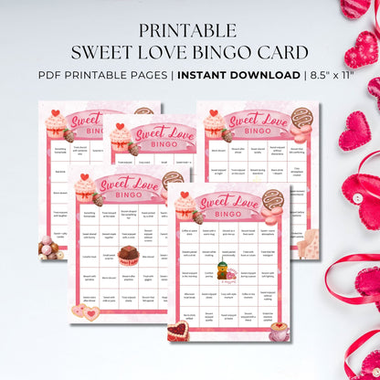 Sweet Love Bingo printable featuring five dessert-themed bingo pages for self-care, family fun, coffee and dessert moments, and cozy nights, designed in pink tones on 8.5x11 pages.