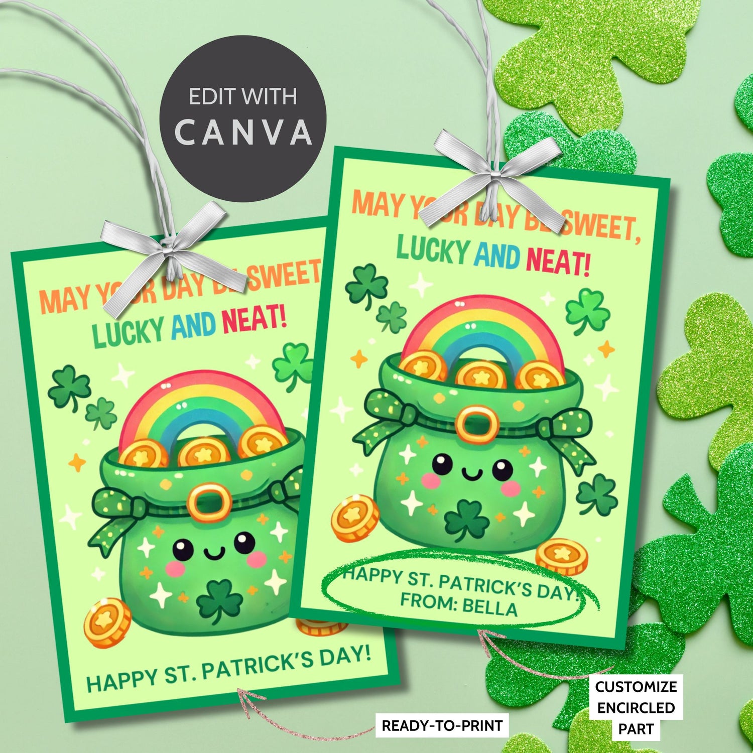 A fun and festive St. Patrick’s Day printable gift tag featuring a cute smiling pot of gold, shamrocks, and a rainbow, with the cheerful message “May Your Day Be Sweet, Lucky, and Neat!” The tags are 2.5 x 3.5 inches, laid out on an 8.5 x 11-inch sheet, 8 per page. Available as a printable PDF and an editable Canva template for personalization.