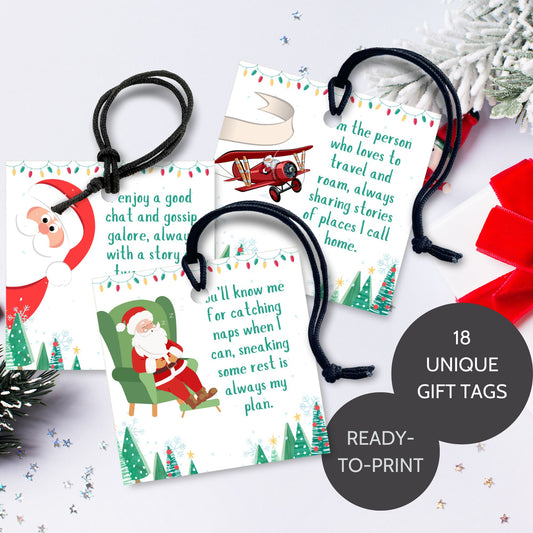 Bright and festive Secret Santa gift tags featuring fun riddles for holiday gift exchanges, laid out 6 per sheet on 8.5 x 11 inches.