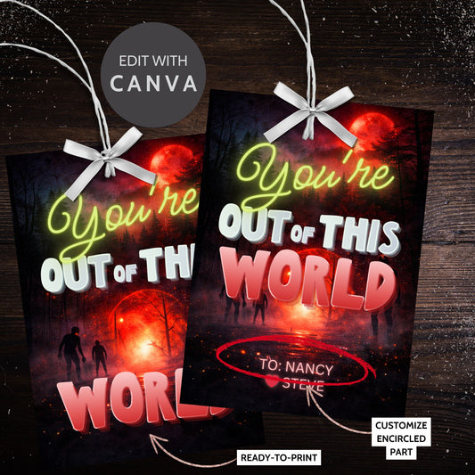 Space-themed party gift tags with neon galaxy background and “You’re Out of This World” message. Printable and editable favor tags perfect for birthdays, space parties, movie nights, and teen celebrations.