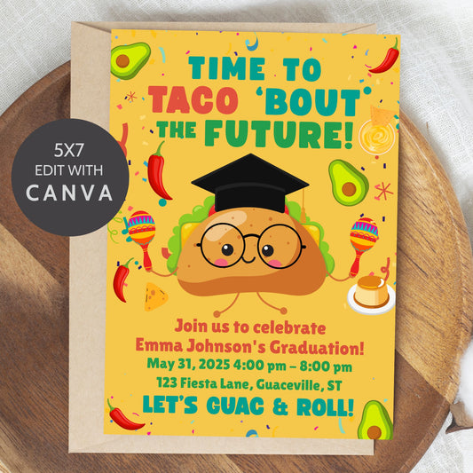 Single-sided taco-themed graduation invitation with confetti background, smiling taco in a graduation cap, and bold text “Time to Taco ‘Bout the Future.” Editable 5x7 Canva template.