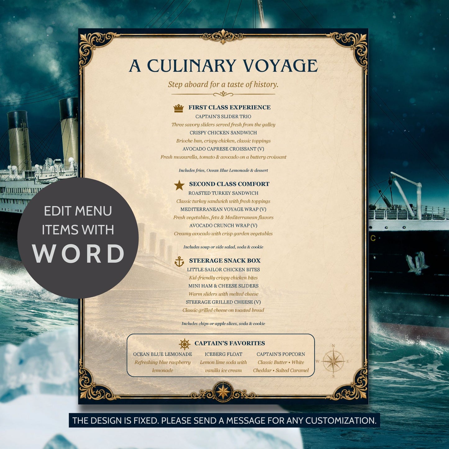Titanic-inspired editable menu template featuring vintage ocean liner design with First Class Experience, Second Class Comfort, and Steerage Snack Box menu sections in an 8.5 x 11 Word document format.