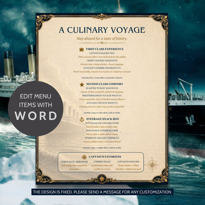 Titanic-inspired editable menu template featuring vintage ocean liner design with First Class Experience, Second Class Comfort, and Steerage Snack Box menu sections in an 8.5 x 11 Word document format.