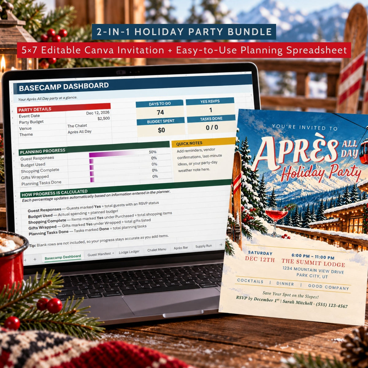 A digital product mockup showing a laptop with a Canva invitation template dashboard and a printed holiday party invitation card placed on a table with a drink and pine branches.