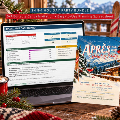 A digital product mockup showing a laptop with a Canva invitation template dashboard and a printed holiday party invitation card placed on a table with a drink and pine branches.
