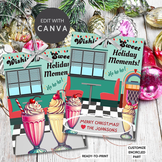 Retro-inspired Christmas gift tags featuring a 1950s diner scene with a jukebox, booths, and milkshakes, paired with the message "Wishing You Sweet Holiday Moments!" These printable and editable tags add a nostalgic touch to holiday gifting.