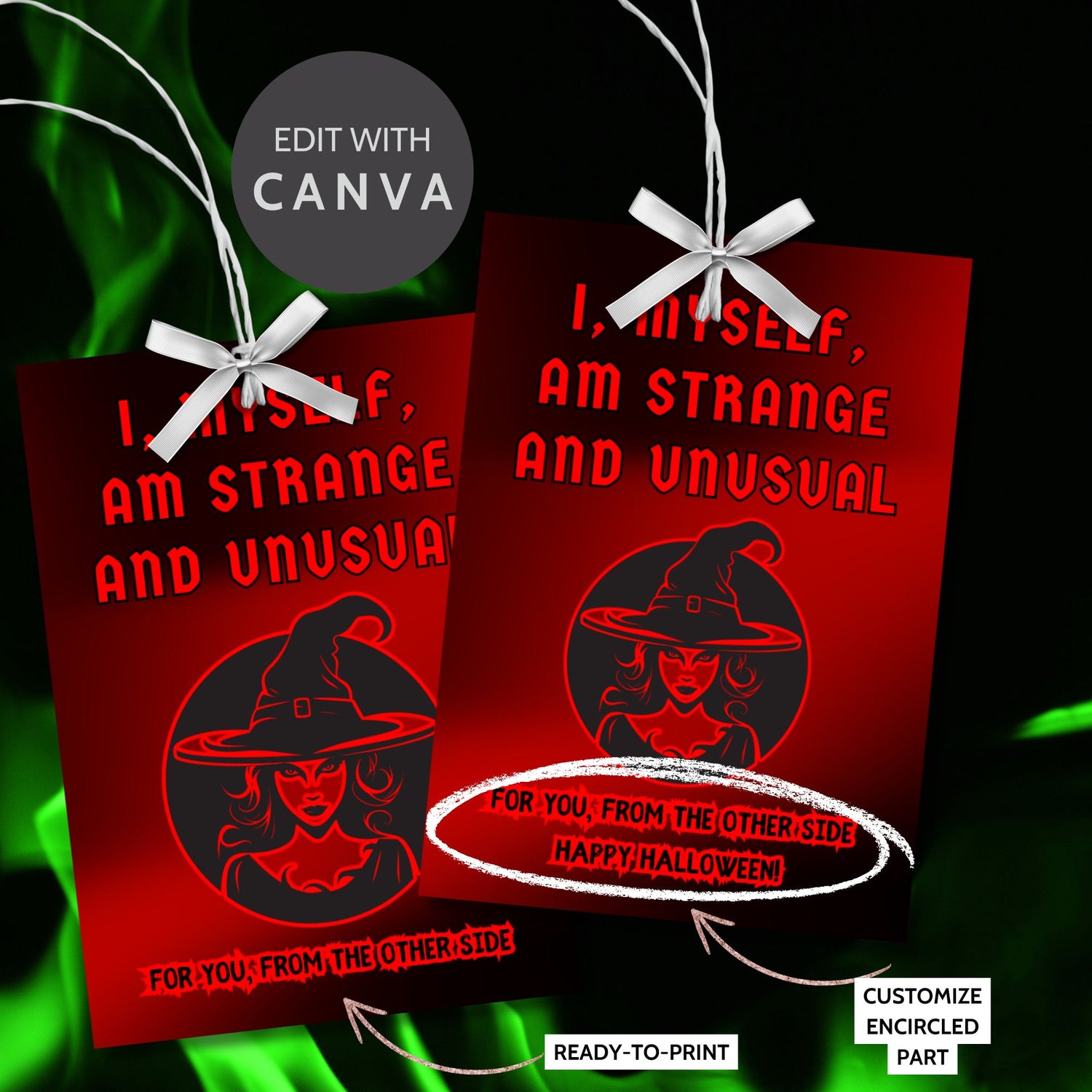 Halloween gift tag design inspired by Beetlejuice featuring the quote "I, Myself, Am Strange and Unusual" in bold red font on a black and red background. A witch silhouette adds a touch of mystery. The tags are 2.5 x 3.5 inches each and laid out 8 per sheet for easy printing.