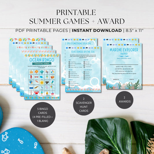 Printable Summer Games Pack with 5 Bingo Cards, 2 Scavenger Hunts, and 2 Marine Explorer Certificates — Perfect for Kids, Teachers, and Summer Camps
