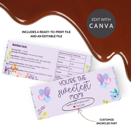Floral watercolor chocolate bar wrapper with the message “You’re the Sweetest Mom!” in soft purple and heart accents – printable gift for Mother's Day, grandma, or church moms.