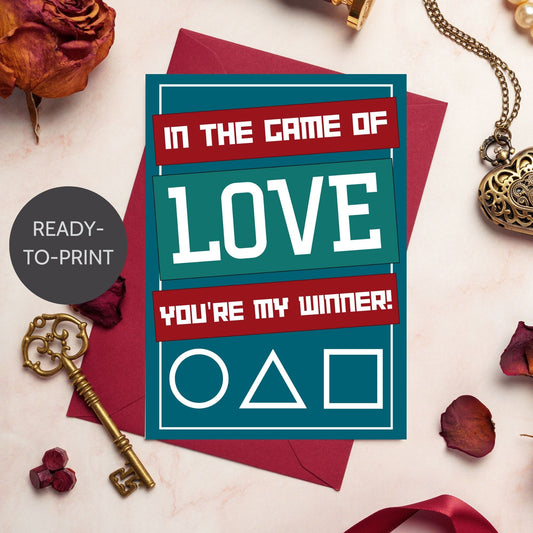 A Squid Game-inspired printable Valentine's Day card featuring bold graphics and a playful love message. Perfect for fans of the show who want a fun and unique Valentine’s card.