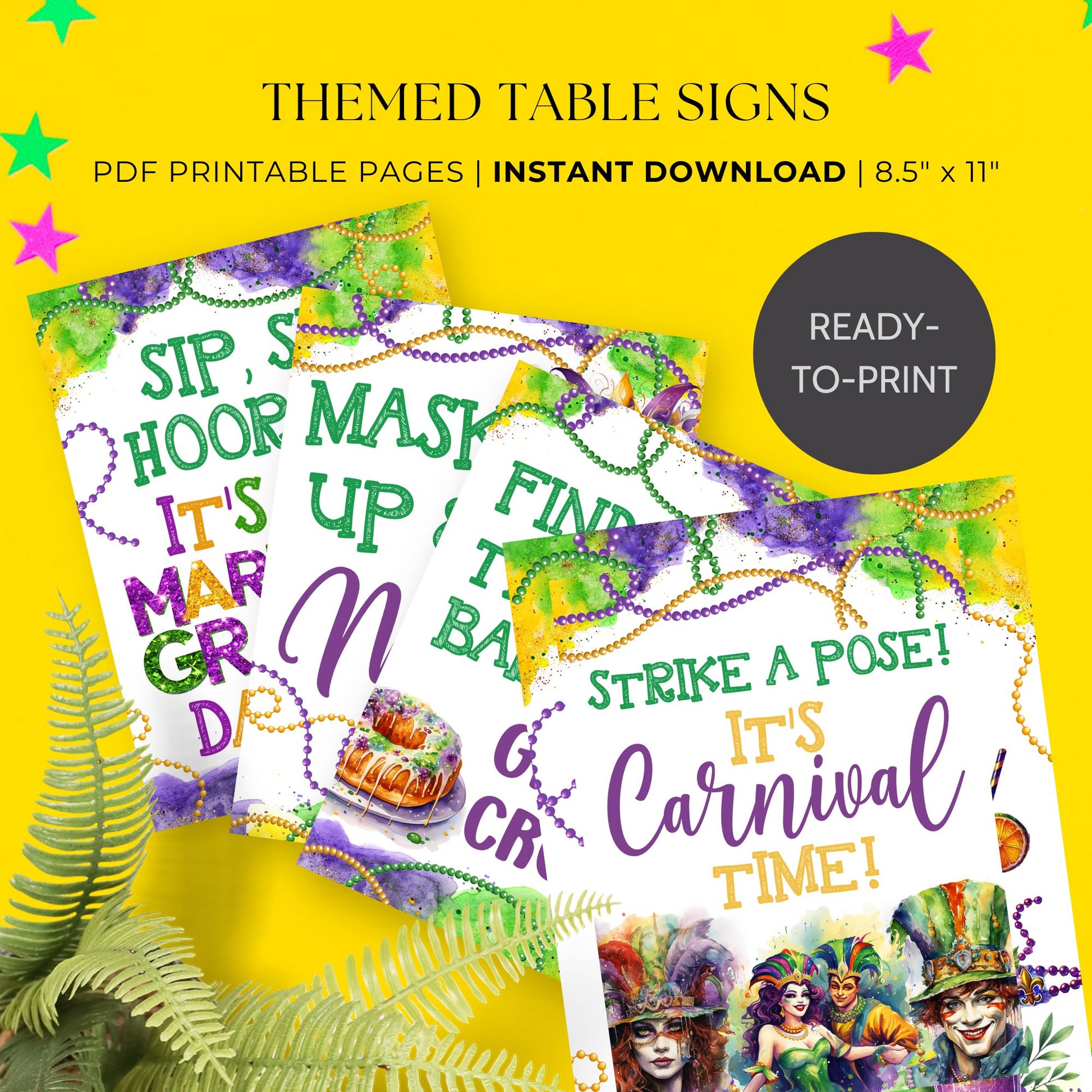 Printable Mardi Gras table signs featuring vibrant purple, gold, and green designs, perfect for themed party decor, drink stations, and festive event displays.