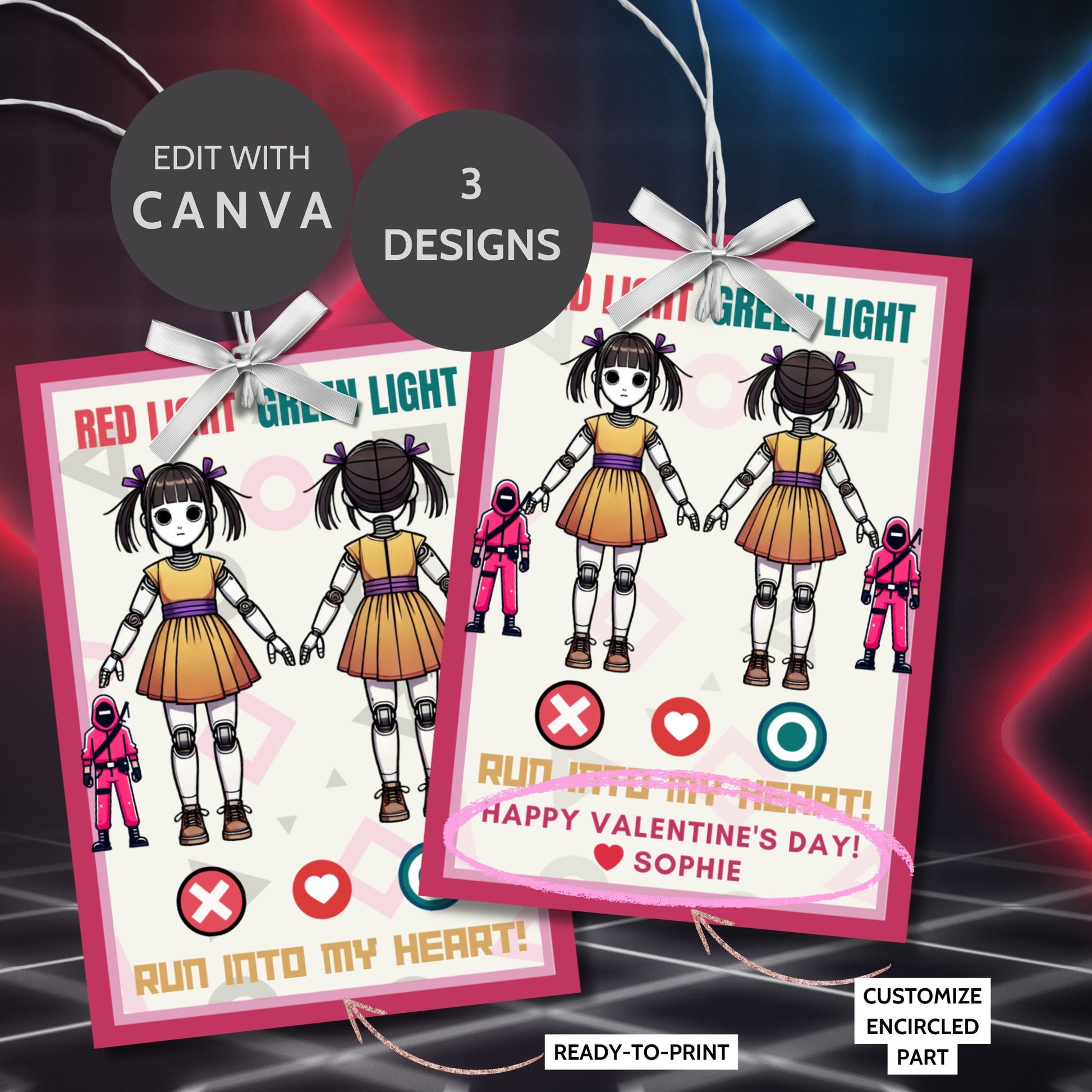 Set of three Red Light, Green Light-themed Valentine’s Day gift tags featuring playful designs, customizable name options, and a unique gaming-inspired message. Perfect for classrooms, parties, and loved ones.