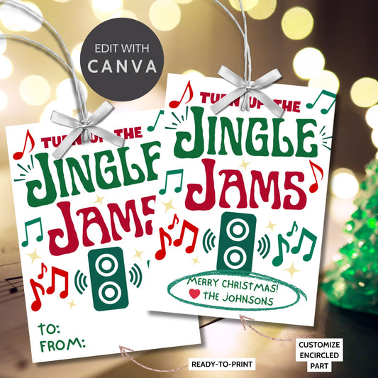 Christmas gift tags with the message "Turn Up the Jingle Jams," featuring musical notes and a speaker icon, perfect for gifts like Bluetooth speakers or Christmas party favors. These printable and editable tags add a fun and festive touch.