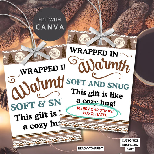 Printable "Wrapped in Warmth" gift tags designed for blankets and cozy gifts. Perfect for personalized or homemade blankets. Includes printable PDF and editable Canva template.