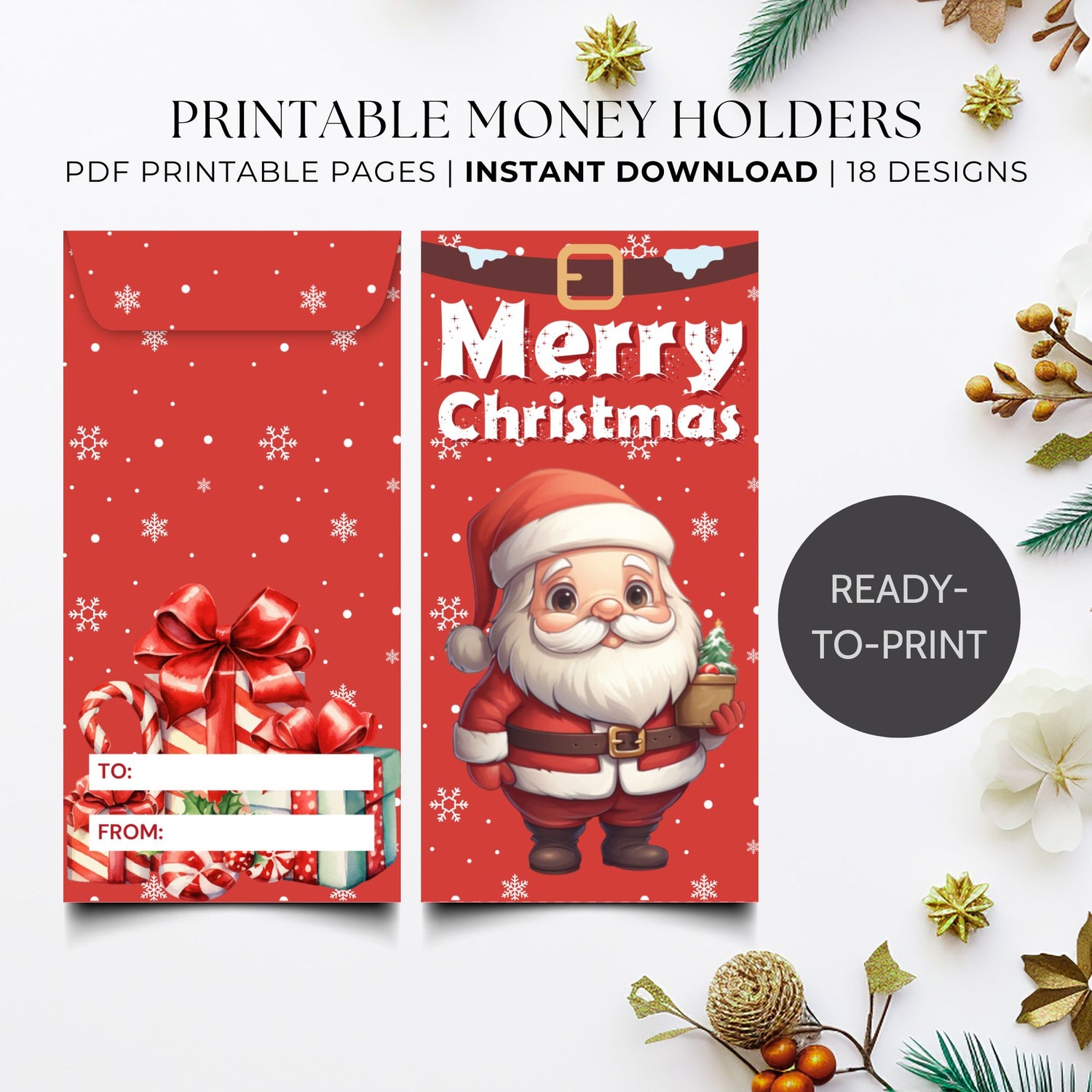 Two Christmas-themed money holders with Santa Claus and a bow, surrounded by festive decorations on a white background.