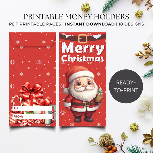 Two Christmas-themed money holders with Santa Claus and a bow, surrounded by festive decorations on a white background.