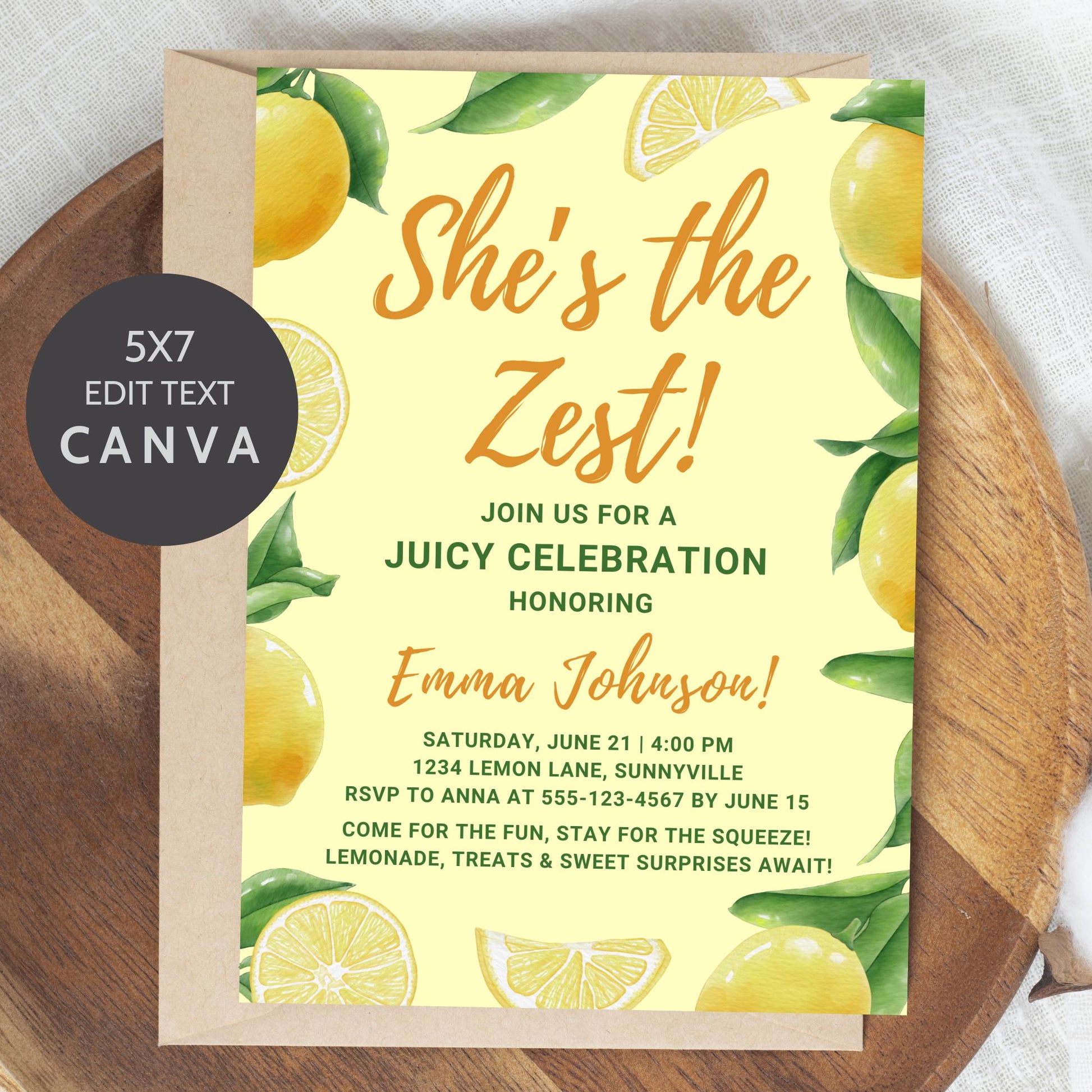 Watercolor lemon-themed invitation titled “She’s the Zest” with editable details for a summer celebration, surrounded by juicy lemons and citrus slices