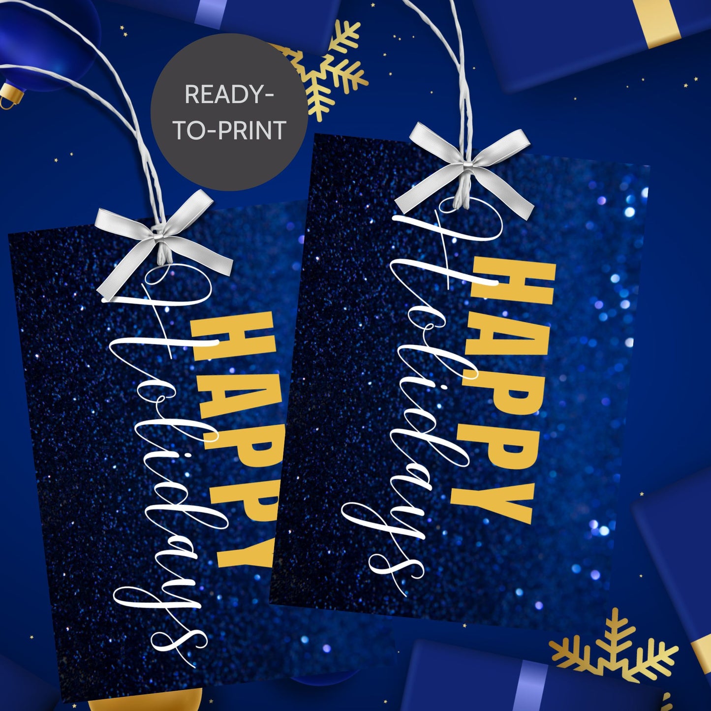 Printable blue and gold Holiday gift tags featuring a sparkling blue glitter background and bold gold "Happy Holidays" text, sized 2.5 x 3.5 inches, 8 per sheet.