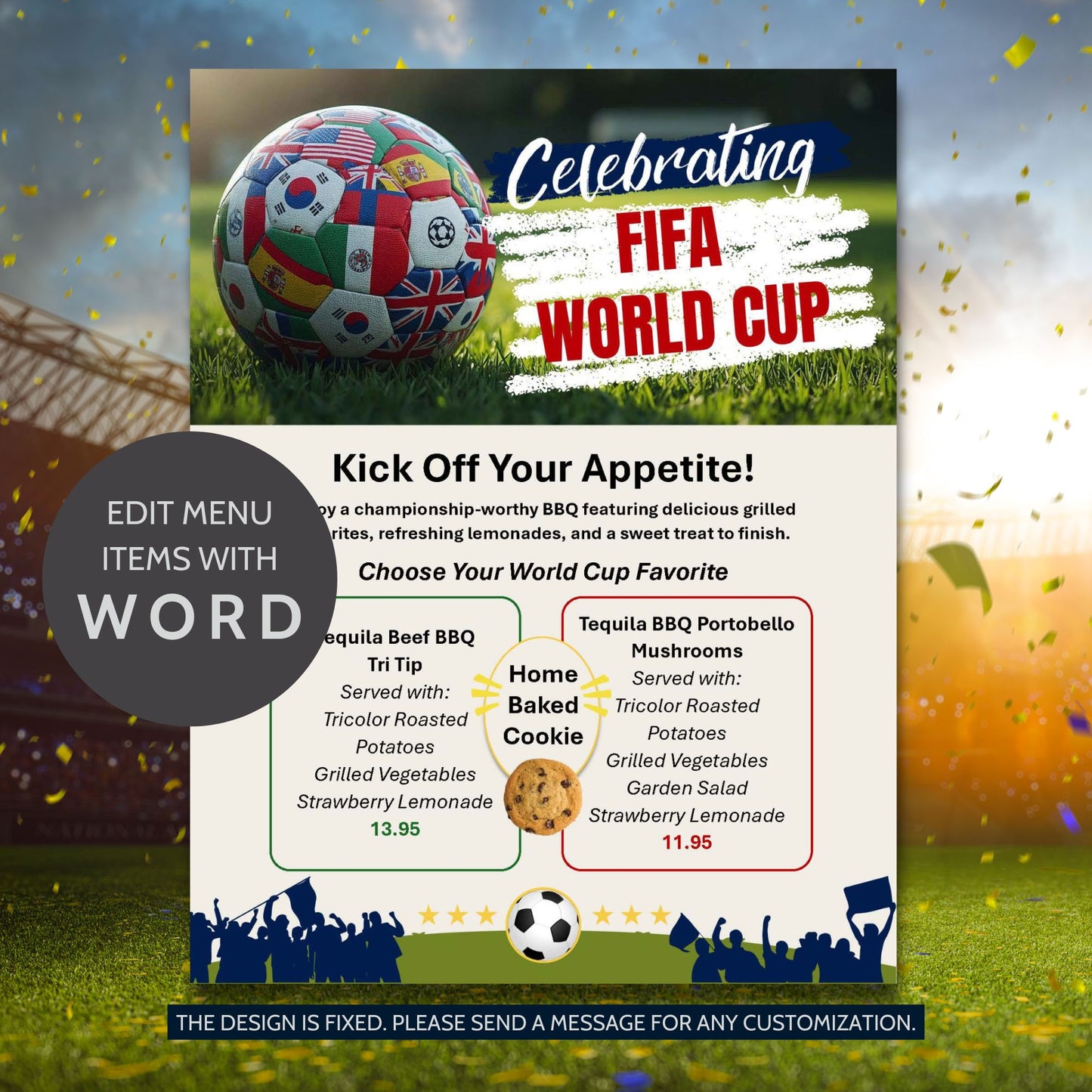 Editable FIFA World Cup-inspired menu template featuring soccer ball graphics, sports-themed design, customizable food menu, printable 8.5x11 Word document for watch parties and events.