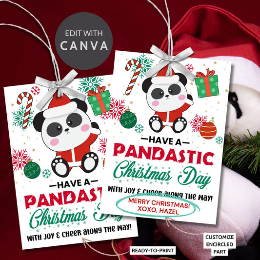 Panda-themed Christmas gift tags featuring a festive panda with holiday decorations and the message 'Have a Pandastic Christmas Day.' Perfect for adding a cute and cheerful touch to holiday presents.