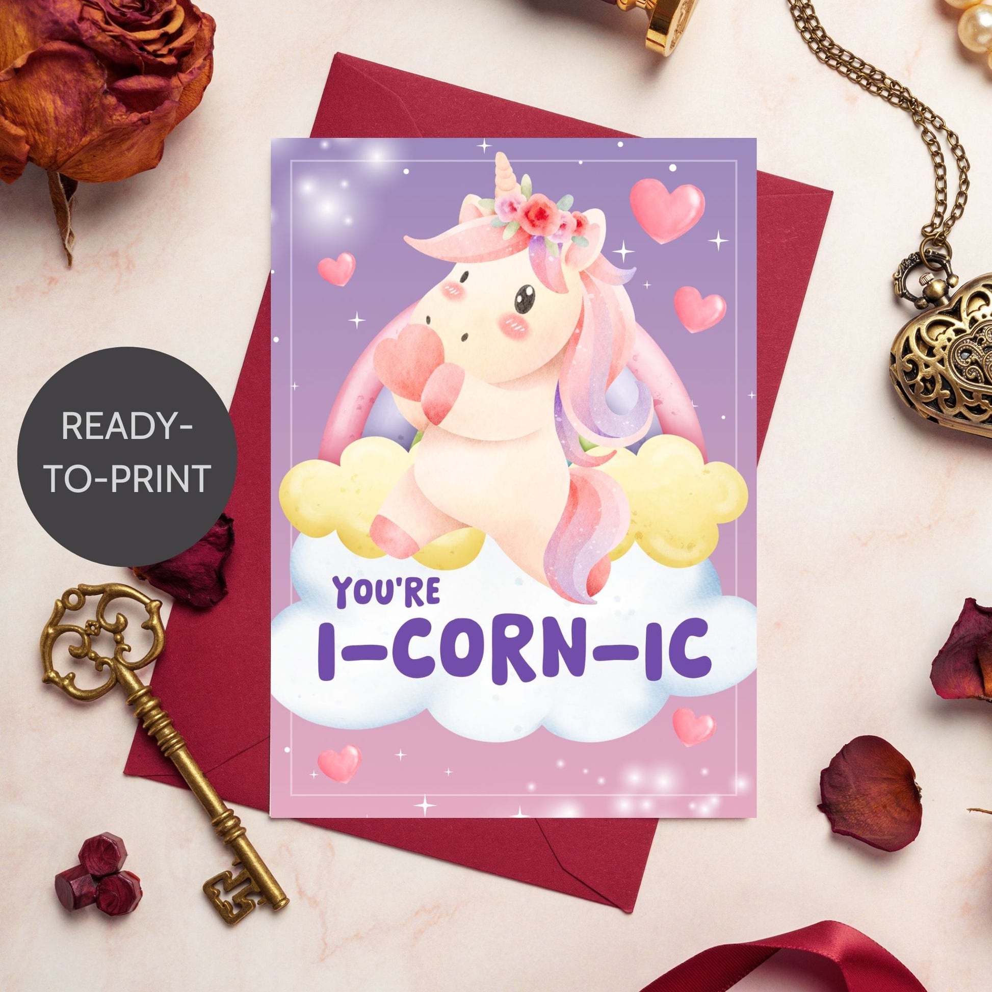 Printable Valentine’s Day Greeting Card featuring the unicorn-inspired pun “You're iCORNic.” Designed as a 5x7 PDF on an 8.5 x 11 sheet with two cards per page. A cute and whimsical Valentine’s card for unicorn lovers.