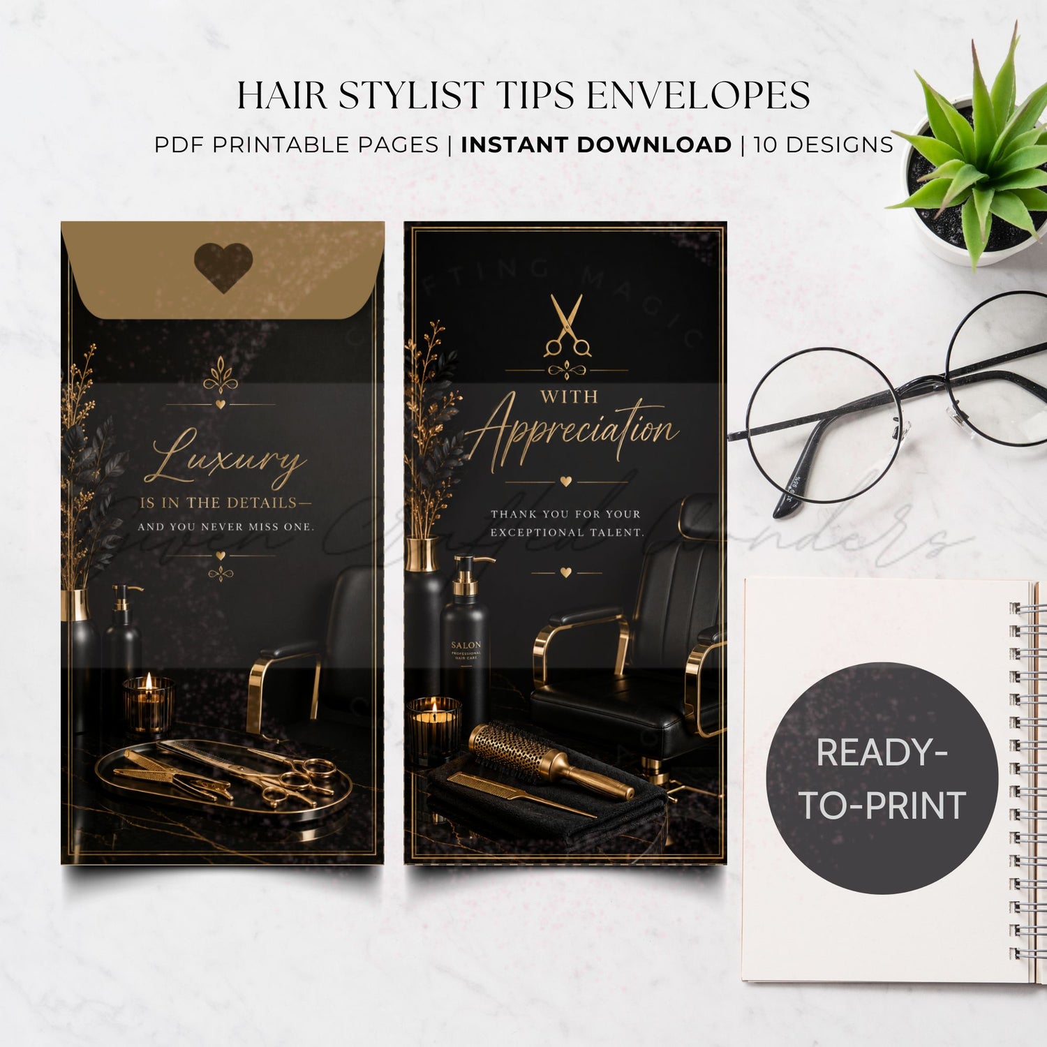 Promotional mockup for hair stylist tips envelopes, showing two black-and-gold envelope designs with spa-style salon imagery, plus text reading 'HAIR STYLIST TIPS ENVELOSES' and 'PDF PRINTABLE PAGES | INSTANT DOWNLOAD | 10 DESIGNS.' A small plant, eyeglasses, and a notebook labeled 'READY-TO-PRINT' are arranged on a light marble-like background.