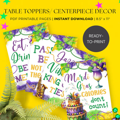 Printable Mardi Gras table toppers featuring fun and playful quotes in bright purple, gold, and green, perfect for party decorations, centerpieces, and festive event setups.