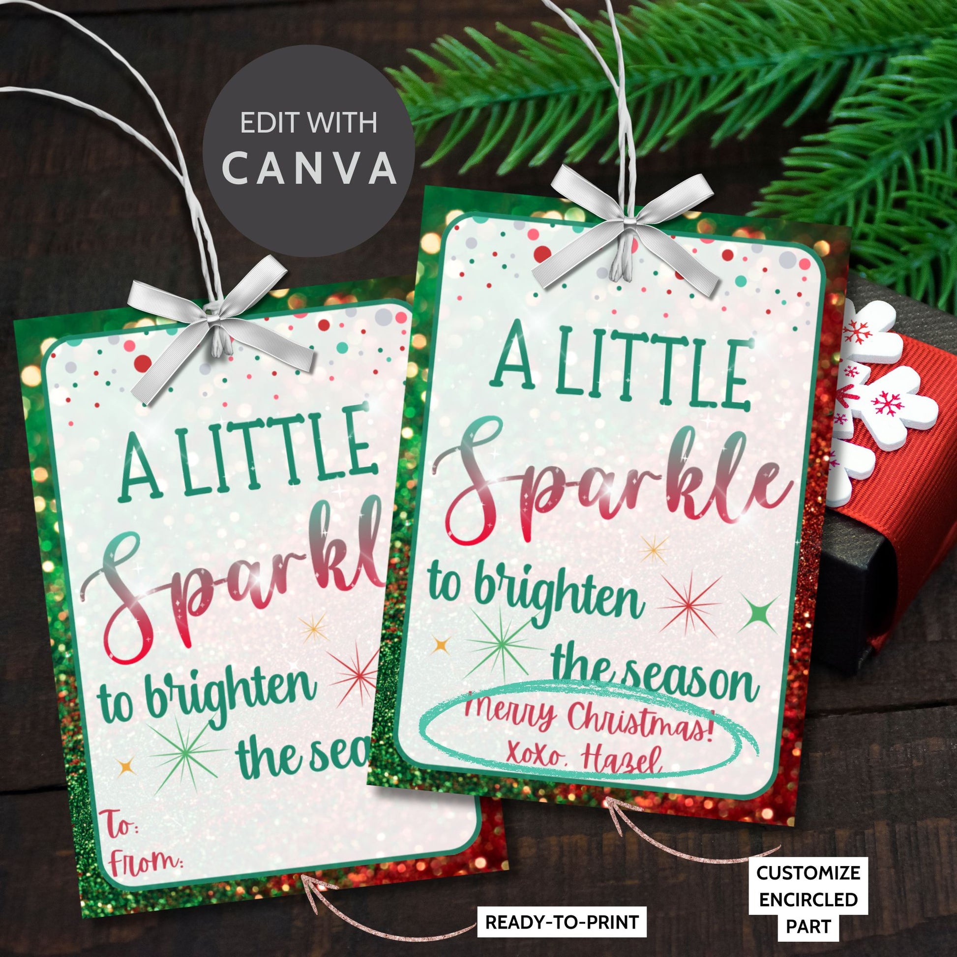 Christmas gift tags featuring the message "A Little Sparkle to Brighten the Season" with festive glitter effects, perfect for jewelry gifts like necklaces, earrings, and rings. These printable and editable tags add an elegant, festive touch to holiday gifts.