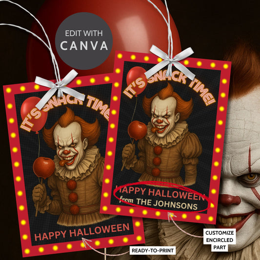 Printable and editable IT movie–inspired Halloween gift tags reading “IT’s Snack Time,” featuring a spooky design perfect for popcorn, candy, and snack gifts for coworkers, teachers, or friends.