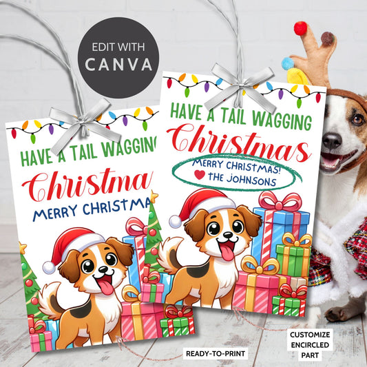 Christmas gift tags featuring a happy dog wearing a Santa hat with festive presents and colorful lights, paired with the message "Have a Tail Wagging Christmas." These printable and editable tags add a playful touch to holiday gifts for dog lovers.