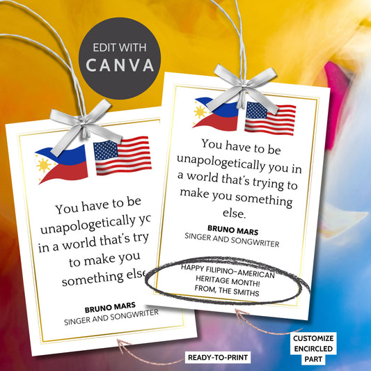 A set of 16 printable and editable Filipino-American Heritage Month gift tags featuring quotes from influential Filipino-Americans. The tags are 2.5 x 3.5 inches, displayed on an 8.5 x 11-inch layout, celebrating culture and pride.