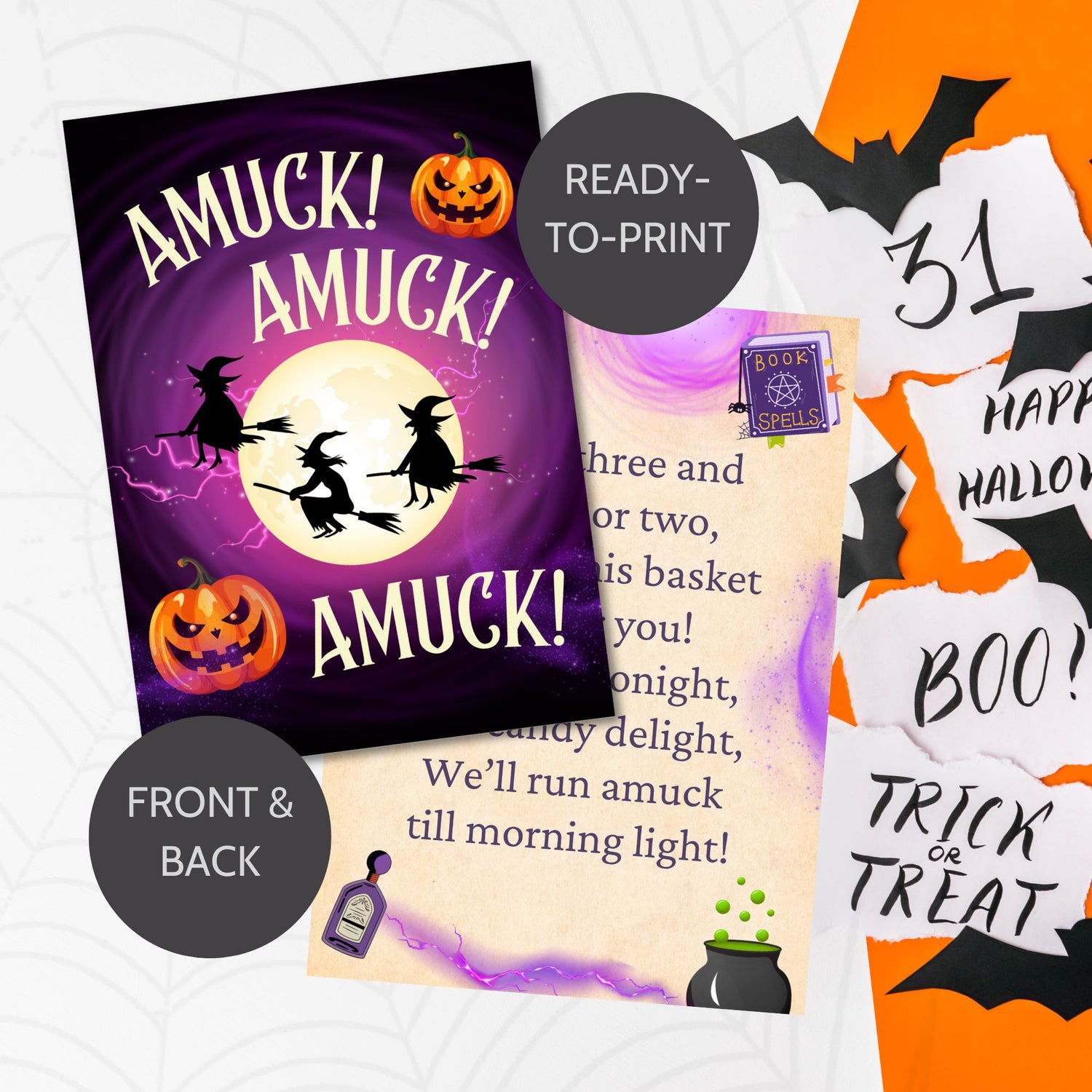 Printable double-sided Hocus Pocus inspired Boo Basket Card (5x7 PDF) – witchy Halloween card perfect with matching Hocus Pocus gift tags for spooky baskets.