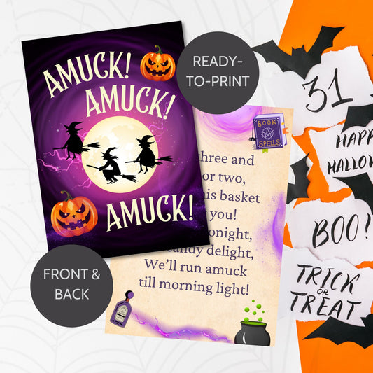 Printable double-sided Hocus Pocus inspired Boo Basket Card (5x7 PDF) – witchy Halloween card perfect with matching Hocus Pocus gift tags for spooky baskets.