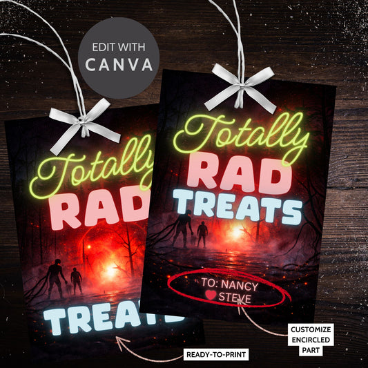 Retro 80s inspired party gift tags with neon “Totally Rad Treats” text and cinematic sci-fi background. Printable and editable favor tags perfect for birthdays, movie nights, gaming parties, and teen celebrations.