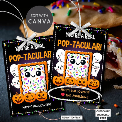 Halloween gift tag featuring a cute Pop-Tart with sprinkles, surrounded by pumpkins and ghosts, with the message 'You're a Real Pop-tacular!'