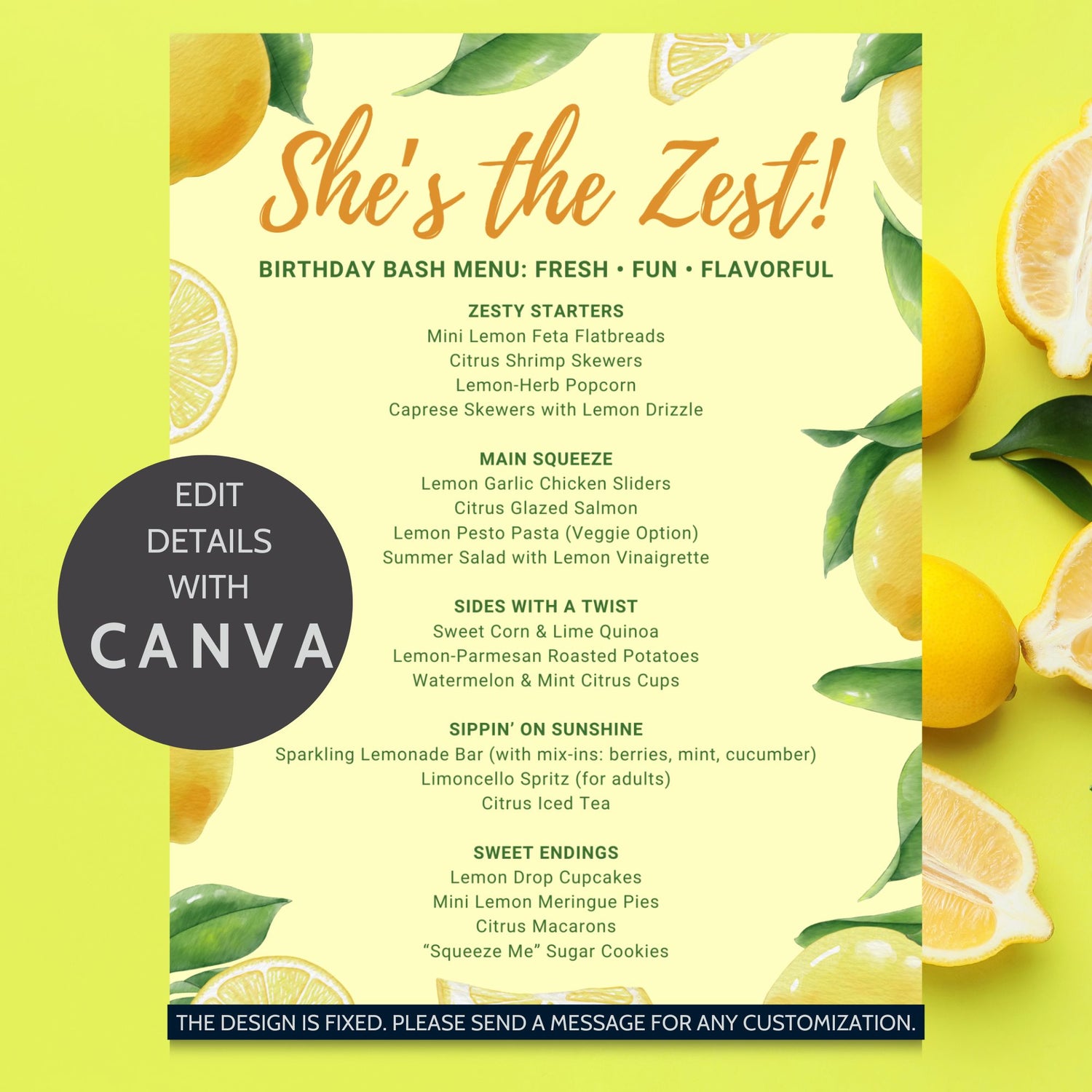 Printable lemon-themed “She’s the Zest” menu template, editable in Canva, 8.5 x 11 inches, yellow citrus summer party design