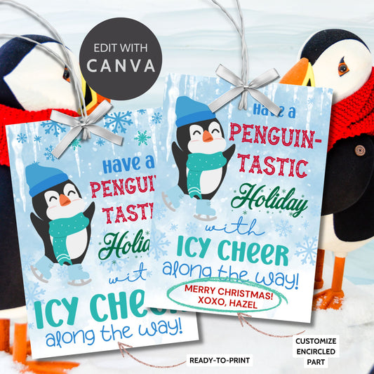 Penguin-themed Christmas gift tags featuring a happy penguin wearing a blue hat and green scarf, surrounded by snowflakes. The text reads 'Have a Penguin-tastic Holiday with Icy Cheer Along the Way!'