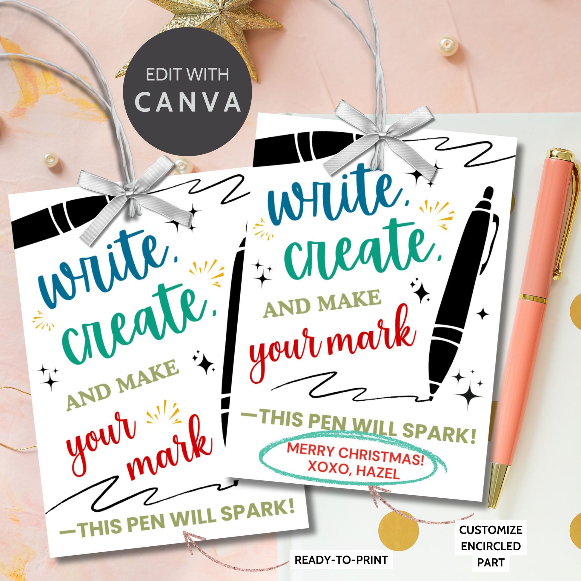 Festive pen-themed Christmas gift tags with the message 'Write, Create, and Make Your Mark - This Pen Will Spark!' Perfect for adding a creative touch to holiday gifts for teachers, students, and writers.