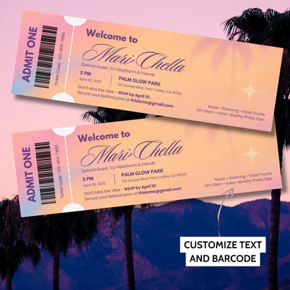 Coachella-Themed Festival Birthday Invitation | Printable Ticket or Wristband Style | Editable Canva Template | Given Crafted Wonders
