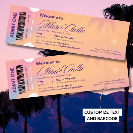 Coachella-Themed Festival Birthday Invitation | Printable Ticket or Wristband Style | Editable Canva Template | Given Crafted Wonders