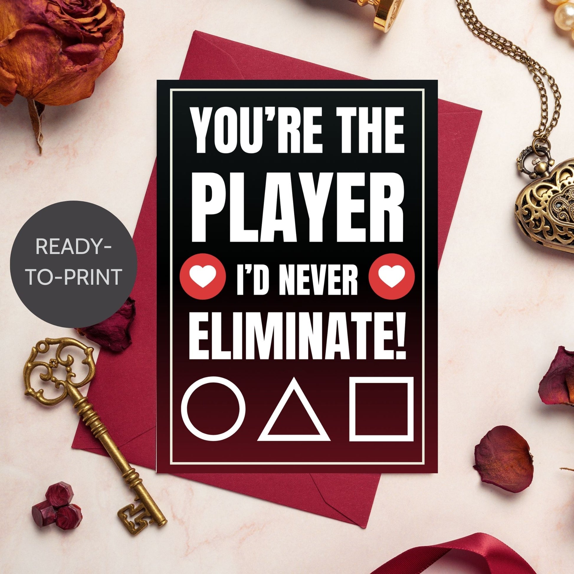 Squid Game-inspired Valentine’s Day card with a player selection theme, perfect for fans. Features bold red, black, and white colors with a playful elimination message.