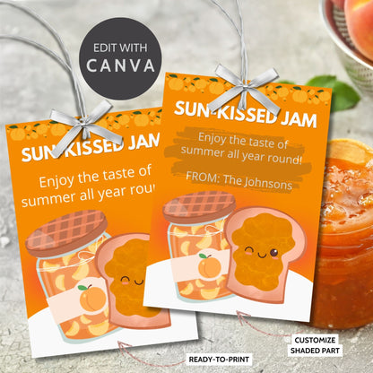 Charming gift tags featuring a colorful jam and toast design with the text "Sun-Kissed Jam. Enjoy the taste of summer all year round!" Personalize with names and messages.