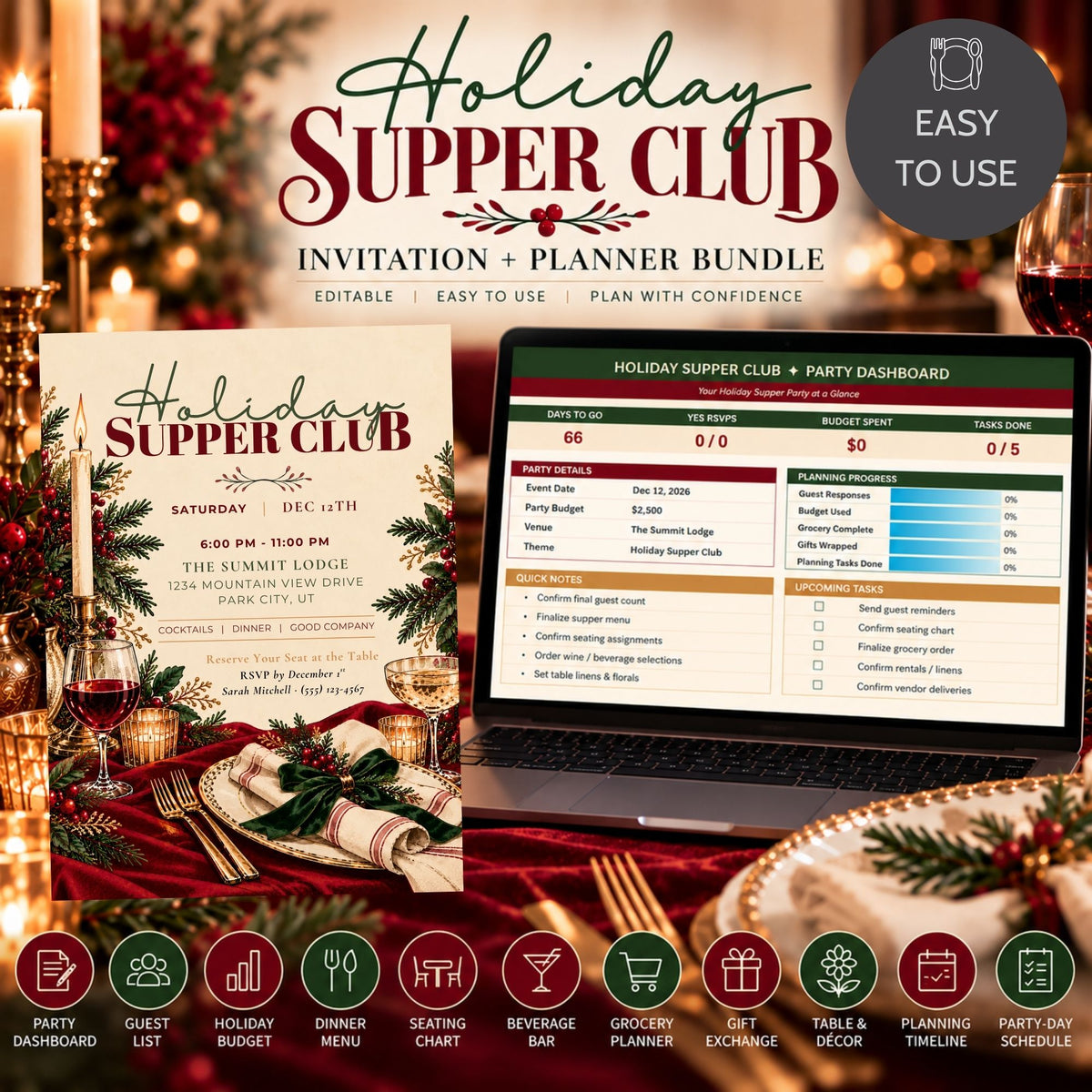 Digital invitation and planner bundle for a 'Holiday Supper Club' shown on a laptop screen with a printed card, set against a festive holiday background with candles, plates, and wine glasses.
