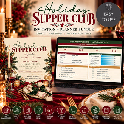 Digital invitation and planner bundle for a 'Holiday Supper Club' shown on a laptop screen with a printed card, set against a festive holiday background with candles, plates, and wine glasses.