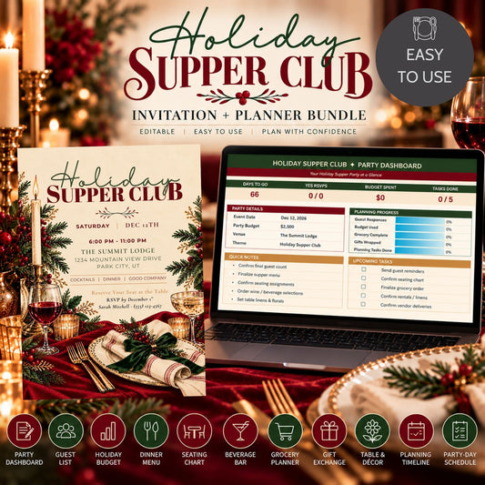 Digital invitation and planner bundle for a 'Holiday Supper Club' shown on a laptop screen with a printed card, set against a festive holiday background with candles, plates, and wine glasses.