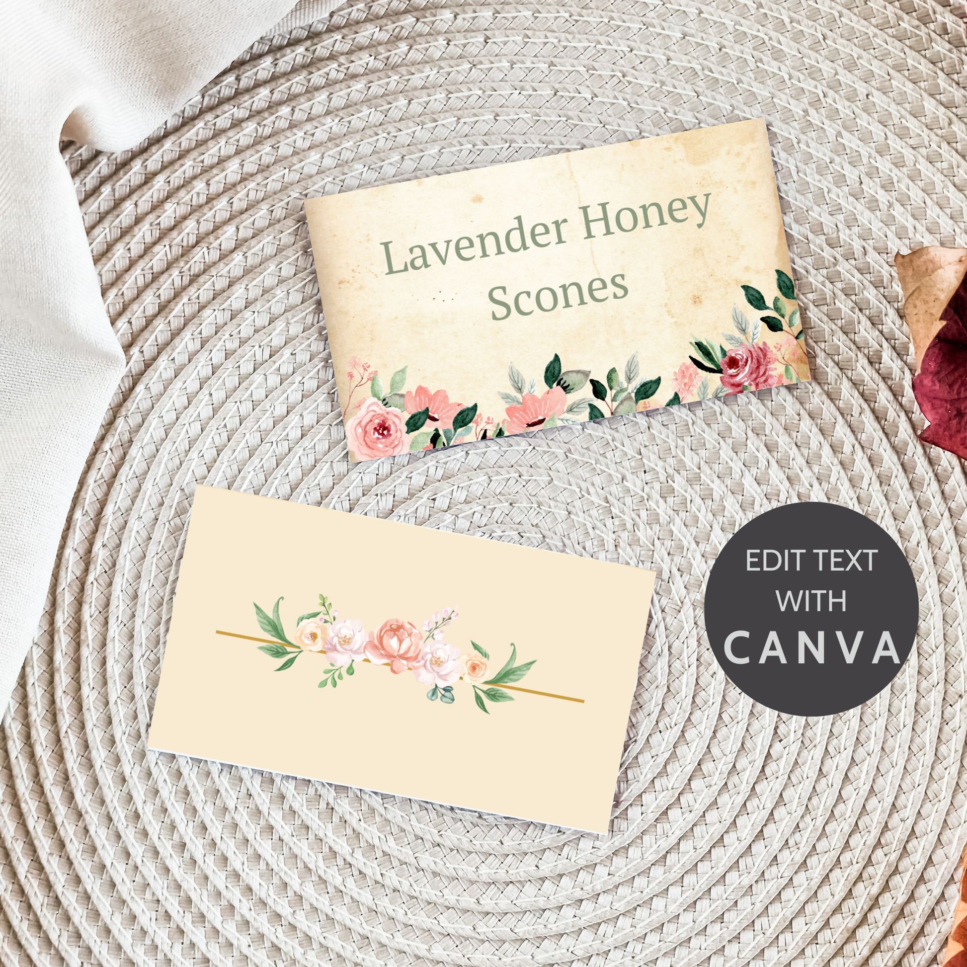 A vintage-inspired botanical tea party place card featuring delicate watercolor florals, an antique parchment background, and elegant typography. Editable text in Canva, fixed design, perfect for bridal showers, weddings, and tea parties.