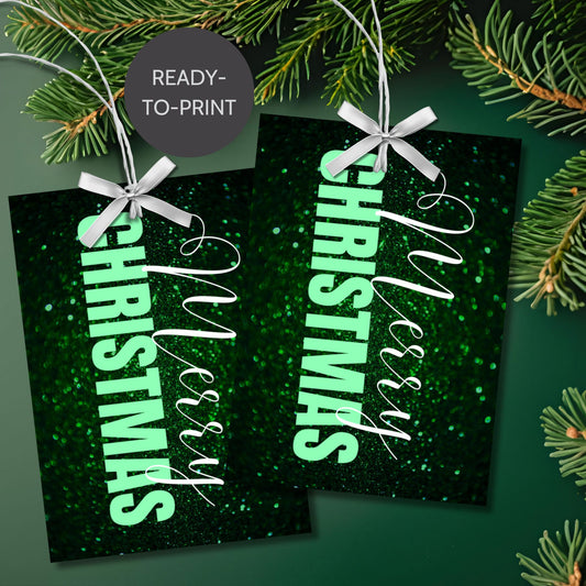 Green-themed ready-to-print Christmas gift tags featuring a glittery green background with elegant "Merry Christmas" text, 2.5 x 3.5 inches, 8 per 8.5 x 11-inch sheet.