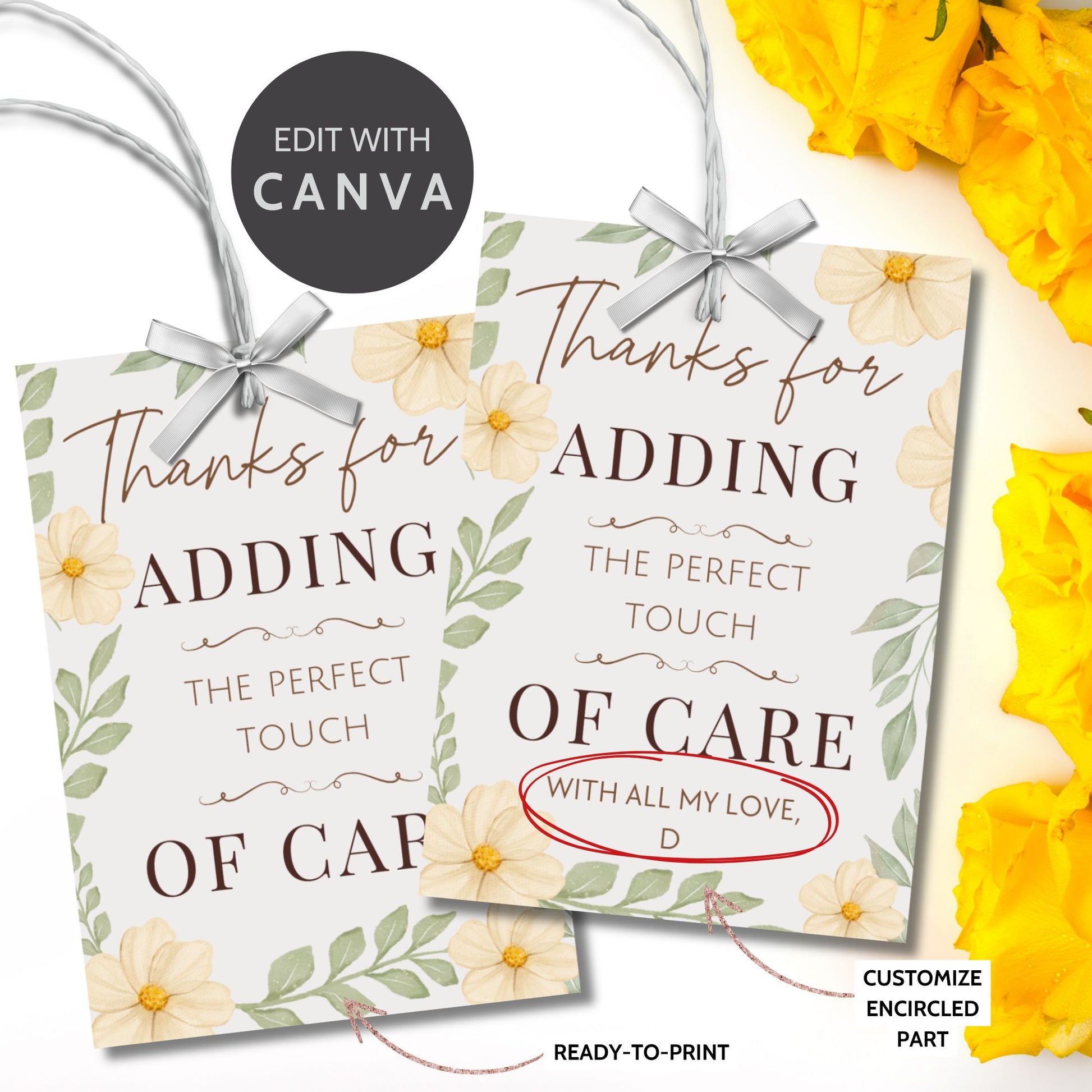 Two floral gift tags with text and ribbons on a white background with yellow flowers.