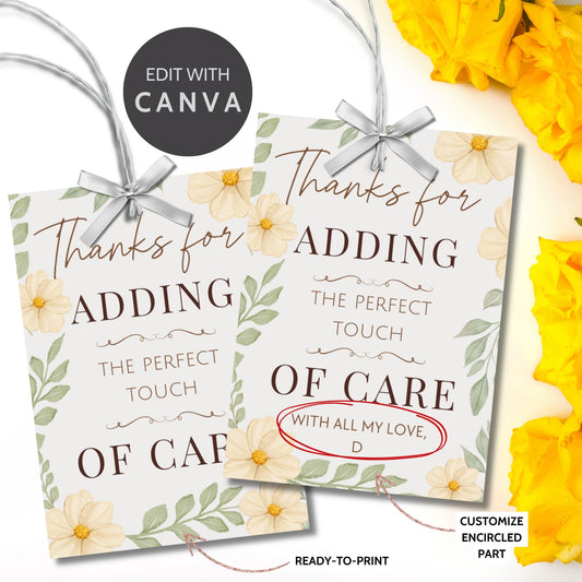 Two floral gift tags with text and ribbons on a white background with yellow flowers.