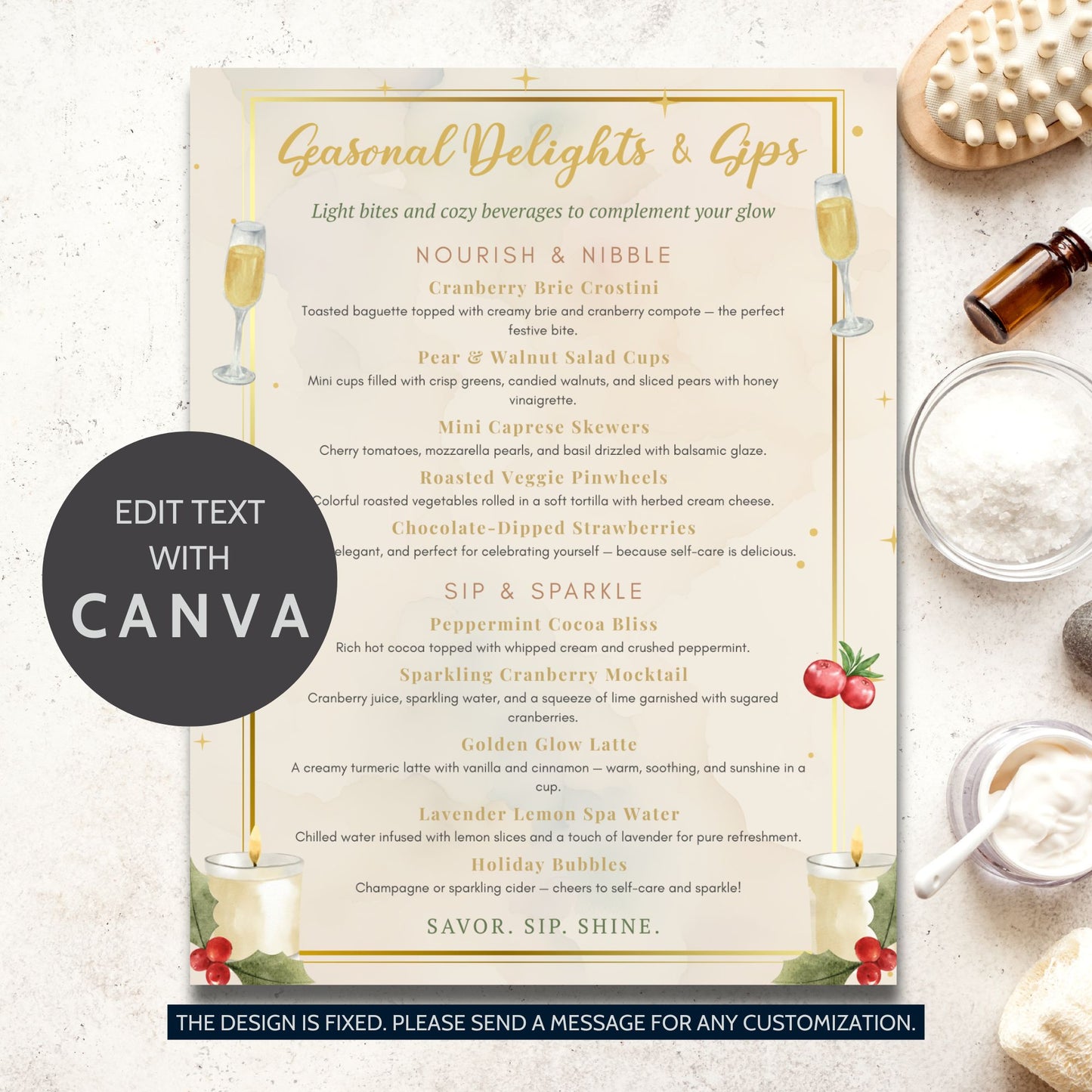 Elegant editable spa food and drink menu template – “Seasonal Delights & Sips” featuring holiday-inspired refreshments and cozy spa treats, designed to match the Glow into the Holidays collection by Given Crafted Wonders.